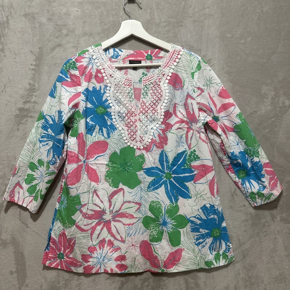 Talbots Lace Bib Tunic Top Women's Size M Anguilla Floral Popover‎ Split Neck